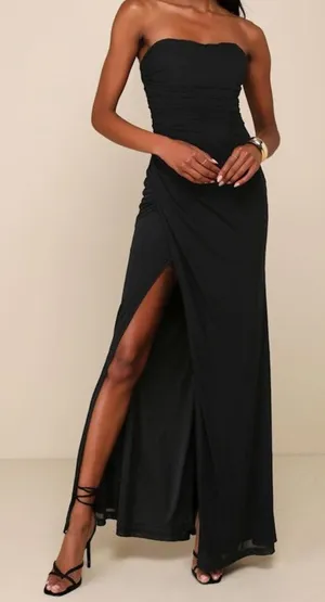 NEW Lulus Epitome of Allure Black Sheer Mesh Strapless Ruched Maxi Dress Medium thumbnail 1