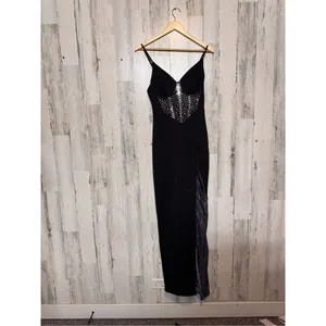 Black Rhinestone Mesh Evening Gown – Slit Maxi Dress, Size M thumbnail 3