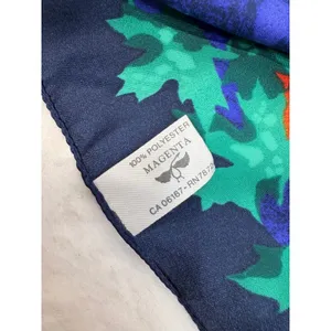Magenta Vintage Square Scarf Made in Italy Navy Blue Green Leaf Bird Print thumbnail 4