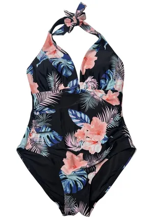 DKNY One Piece Swimsuit Tropical Floral Halter Tummy Control M Est. thumbnail 1