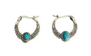 Vintage Silver Tone Hoop Earrings Faux Turquoise Enamel Southwestern Estate 1" thumbnail 1