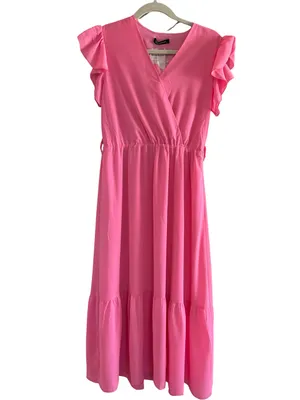 Prettygarden pink boho flowy Maxi wrap dress V Neck short Ruffle sleeve NWT SM thumbnail 5