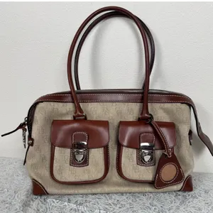 Dooney & Bourke Double Pocket Tote Tan Monogram Brown Leather HandBag Classic thumbnail 1