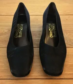 Salvatore Ferragamo black satin block heel pumps with rhinestone accent details thumbnail 1