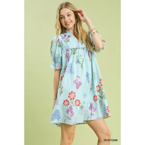 Umgee Multi Flower Print V-Neck Dress - Seafoam - Small thumbnail 2