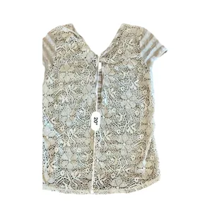 Moa Moa Cream‎ Tan Stripe Feminine Lacy Twist Cap Sleeve Top sz Small thumbnail 8