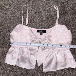 Blue Blush pink satin top with white leopard print, size S thumbnail 5