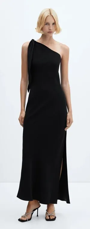 Mango Black Asymmetric Bow Maxi Dress With Slit Xs New $129.99 #758 thumbnail 1