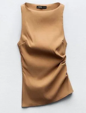 Zara NWT asymmetrical tan ruched gathered stretchy top thumbnail 1