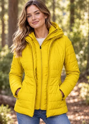 Lululemon Fluff Off Puffer Jacket Yellow Primaloft Hooded Quilted Coat Size 6 thumbnail 1