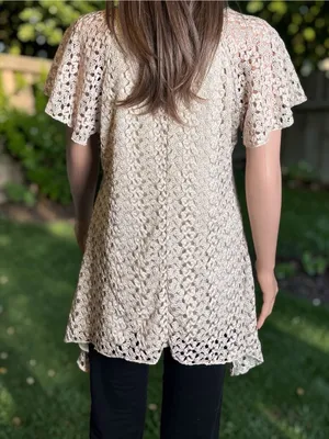 DressBarn Crochet Lace Tunic Top Large Beige Boho Swing Handkerchief Hem thumbnail 7