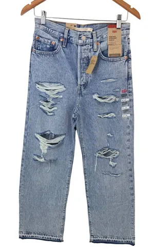 Levi's Ribcage Straight Ankle Jeans Womens 27 Light Wash‎ Distressed Button Fly thumbnail 1