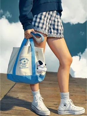 AE Off-Duty Rainy Day Café Tote Bag American Eagle NWT Natural/Blue thumbnail 1
