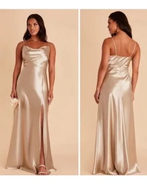 Birdy Grey NWT Lisa Long Shiny Satin Dress Neutral Champagne Size M thumbnail 2