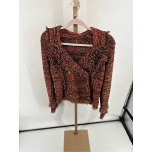 One Girl Who Anthropologie Double Breasted Tweed Fringe Knit Jacket Multicolor S thumbnail 9