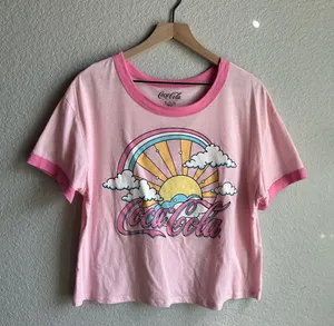 💖Coca-Cola Pink Sunshine Rainbow Crew Neck Ringer T-Shirt thumbnail 1