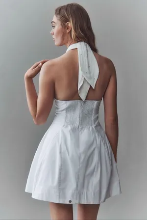 Anthro BHLDN Halter Pearl Embellished Mini Dress Size M with Pearl Bow Clip thumbnail 2