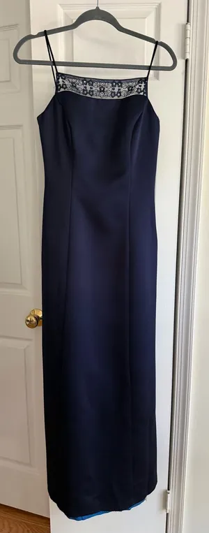 Vintage Y2K Alex Evenings Navy Satin Lace Sequin Open Back Maxi Dress Size 6 thumbnail 1