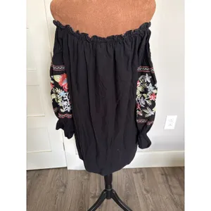 Free People‎ Fleur Du Jour Black Floral Embroidered Off Shoulder Dress Medium thumbnail 3
