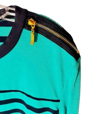 Diane Gilman DG2 Striped Long Sleeve Blue/Green W Gold Zipper Shoulder Accent XL thumbnail 4