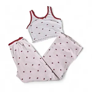 Y2K Pink Strawberry‎ Print Pajama Set Cotton Lace Trim Lettuce Edge Small thumbnail 1