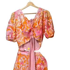 Pink Orange Tropical Floral Lace Two Piece Set Crop Top Wide Leg Pants XS thumbnail 6