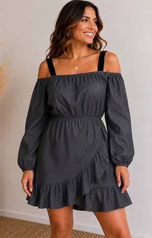Lovers + Friends Charcoal Off Shoulder Long Sleeve Ruffle Mini Dress Sz L NWT thumbnail 1