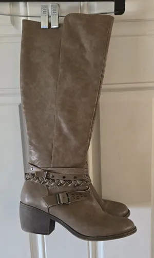r2 Womens Knee High Boots Size 9 Brown Braided Buckle Block Heel Boho Western thumbnail 1