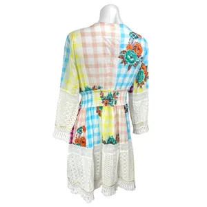 Siya Multicolor Embroidered Sequin Patchworks Checkered Mini A-Line Dress L/XL thumbnail 2