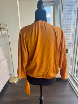 Express Mustard Yellow 3/4 Sleeve Silky Wrap Front Blouse Size Medium thumbnail 5