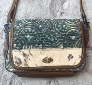Myra Bag Canvas Cowhide Rug Tapestry Crossbody‎ Bag Teal Brown S-1250 thumbnail 1