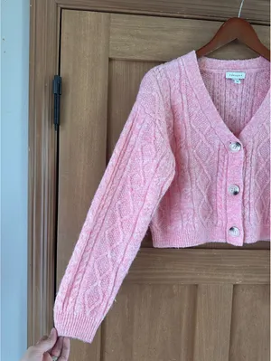 Topshop Wool Blend Cable Knit Crop Button Front Cardigan Pink Women’s XS thumbnail 3