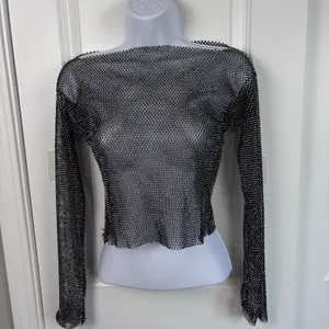 Akira Women's Black Glitter Mesh Metal Rhinestone Long Sleeve S/M Glam Y2K Party thumbnail 2