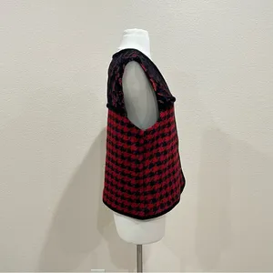 Coldwater Creek Red & Black Jacquard Floral Houndstooth Vest Velvet Trim Large thumbnail 6