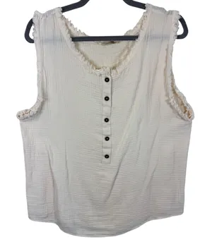 Mello Los Angeles Womens Cream Cotton Gauze Henley Tank Top Frayed‎ Trim Medium thumbnail 1