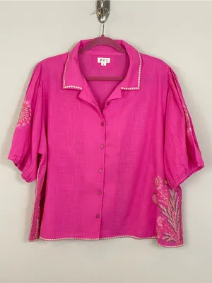 POL Bright Pink Embroidered Puff Short Sleeves Button-Front Blouse Size Large thumbnail 2