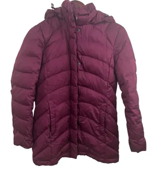 Lands' End Women's Jacket Puffer Coat XS Down Maroon Magenta Removable Hood Midi thumbnail 1