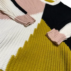 ✨🧶 ENTRO Colorblock Knit‎ Sweater Mustard Black Pink Cream, M 🧶✨ thumbnail 2