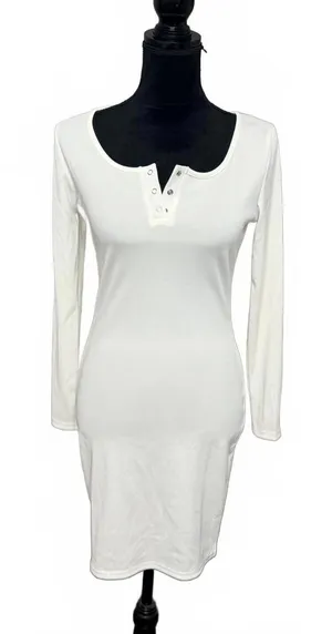 White Long Sleeve Buttoned Ribbed Knit Dress Size M thumbnail 1