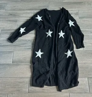 Star print fuzzy open midi cardigan Black thumbnail 1