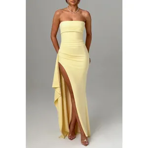 NWT Babyboo Zafira Lemon Yellow Ruched High Slit Draped Maxi Dress Womens Size L thumbnail 5