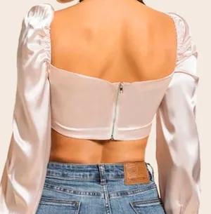 Satin Ruched Puff Sleeve Babydoll Crop Top thumbnail 3
