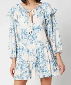 Free People‎ Sunbaked Swing Mini Dress M Cottagecore Tiered Whimsy Floral Toile thumbnail 1