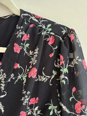 Haver London Smocked Waist Floral Flowy Blouse, Black/Pink, Size Large thumbnail 12