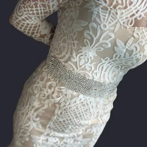 Elegant Ivory White & Nude Embroidered Lace Bohemian Dress With Rhinestone Belt thumbnail 2