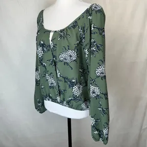 Let Them Eat Cake Sz L Crop Top Green Blue Flowers V-Neck Wrap elastic waist thumbnail 3