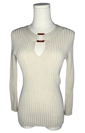 Y2K Vintage Cache Cream Silk Blend Rib Knit Keyhole Square Ring Going Out Blouse thumbnail 1