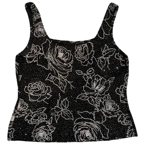 Alex Evenings Beaded Glitter Rose Knit Tank Top Sz Medium M Black Silver Shimmer thumbnail 2