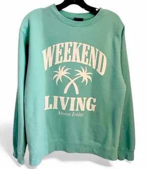 Weekend Living Almost Friday Teal Sweatshirt Size Large thumbnail 1