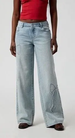 PacSun Casey Low Rise Baggy Jeans Women 23 Bow Detail Wide Leg Light Wash NWT thumbnail 1